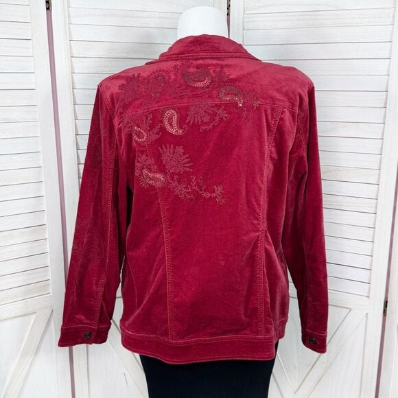 Chicos Boho Velour Paisley Embroidered Beaded Sequin Trucker Jacket Red 3 XL 16 - Picture 5 of 14